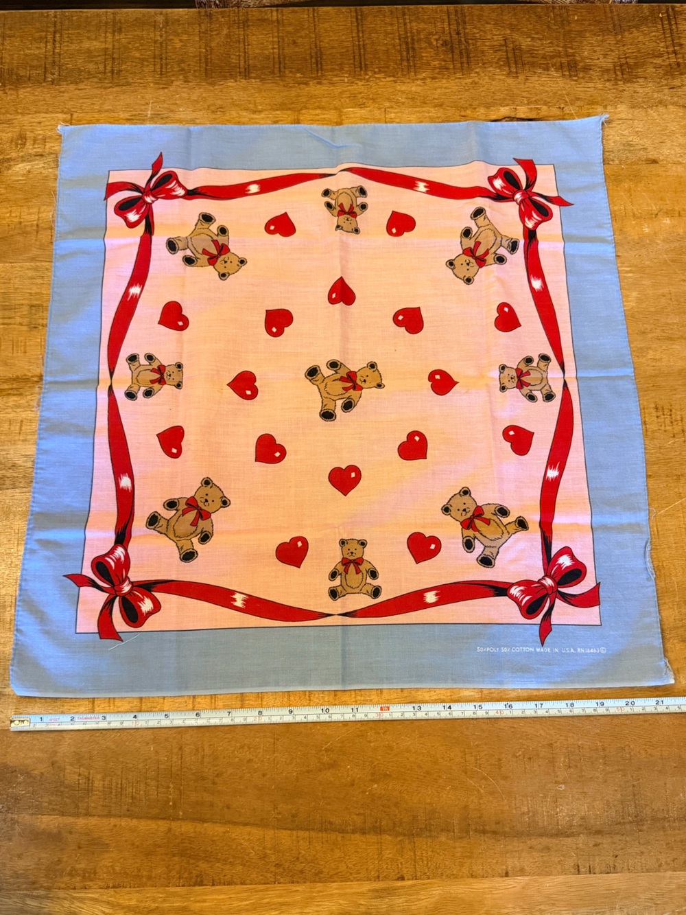 Vintage 80s 90s teddy bear hearts blue red bandanna scarf